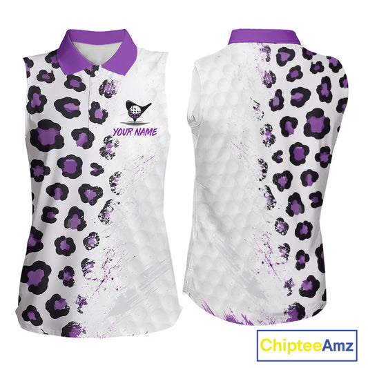 White sleeveless shirt with purple leopard print pattern on a white background