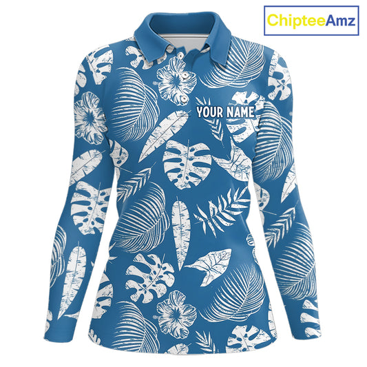 Blue long sleeve golf shirt with white tropical leaf pattern and 'Your Name' text