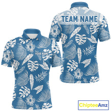 Load image into Gallery viewer, Blue polo shirt with white  tropical leaf pattern and customizable text