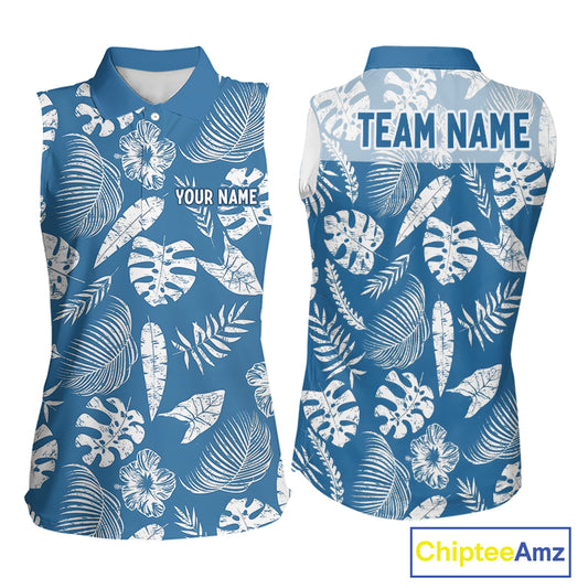 Blue sleeveless shirt with white leaf pattern and customizable text on a white background