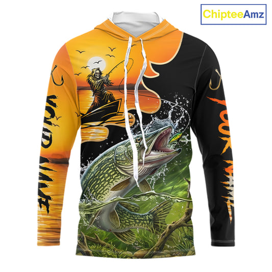 Personalized Fish Reaper Sunset Design Northern Pike Long Sleeve Hooded Fishing Shirts NBT675