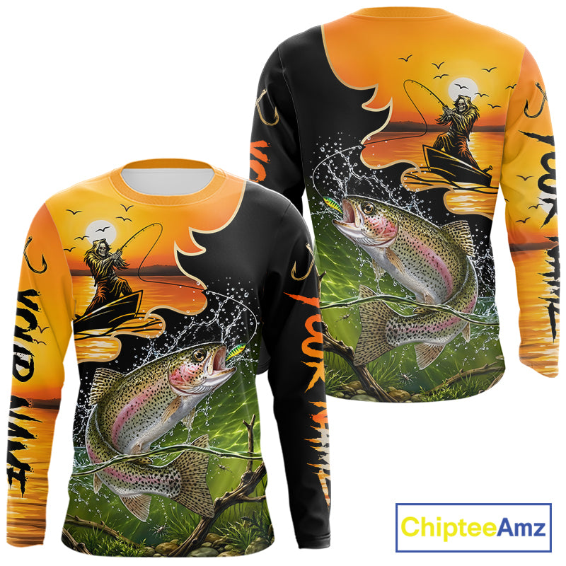 Personalized Fish Reaper Sunset Design Rainbow Trout Fishing Shirts Long Sleeve NBT676