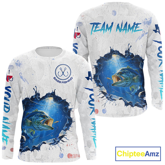 Custom Bass Fishing Long Sleeve Tournament Shirts, Largemouth Bass Fishing Apparel | White NBT680
