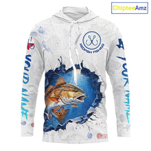 Load image into Gallery viewer, Custom Redfish Fishing Long Sleeve Hooded Tournament Shirts, Redfish Saltwater Fishing Apparel | White NBT684