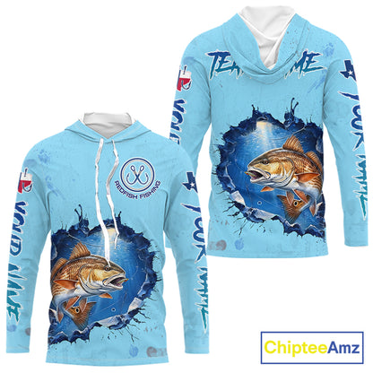 Custom Redfish Fishing Long Sleeve Hooded Tournament Shirts, Redfish Saltwater Fishing Apparel | Blue NBT686