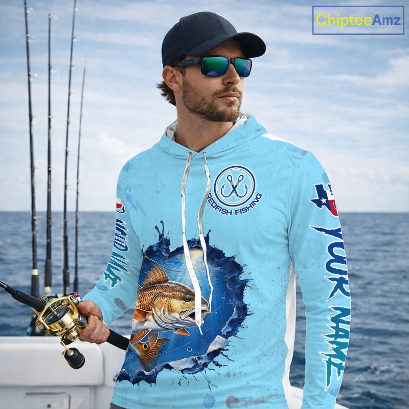 Custom Redfish Fishing Long Sleeve Hooded Tournament Shirts, Redfish Saltwater Fishing Apparel | Blue NBT686