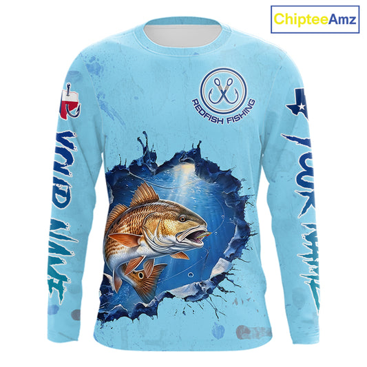 Custom Redfish Fishing Long Sleeve Tournament Shirts, Redfish Saltwater Fishing Apparel | Blue NBT686