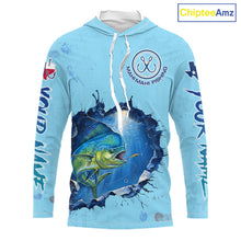 Load image into Gallery viewer, Custom Mahi Mahi Fishing Long Sleeve Hooded Tournament Shirts, Mahi Mahi Saltwater Fishing Apparel | Blue NBT687