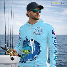 Load image into Gallery viewer, Custom Mahi Mahi Fishing Long Sleeve Hooded Tournament Shirts, Mahi Mahi Saltwater Fishing Apparel | Blue NBT687