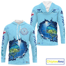 Load image into Gallery viewer, Custom Mahi Mahi Fishing Long Sleeve Hooded Tournament Shirts, Mahi Mahi Saltwater Fishing Apparel | Blue NBT687