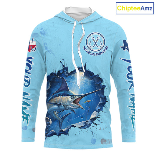 Custom Marlin Fishing Long Sleeve Hooded Tournament Shirts, Marlin Saltwater Fishing Apparel | Blue NBT688
