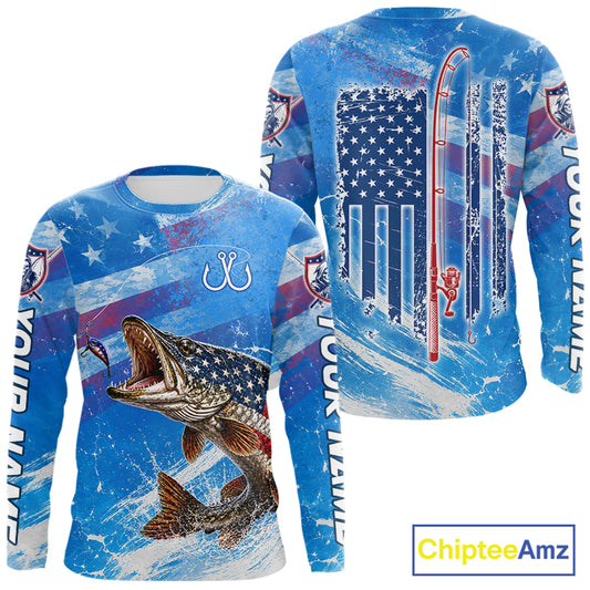 American flag northern pike fishing shirt long sleeve front and back view