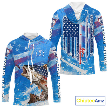 American flag largemouth bass hooded fishing shirt front and back view