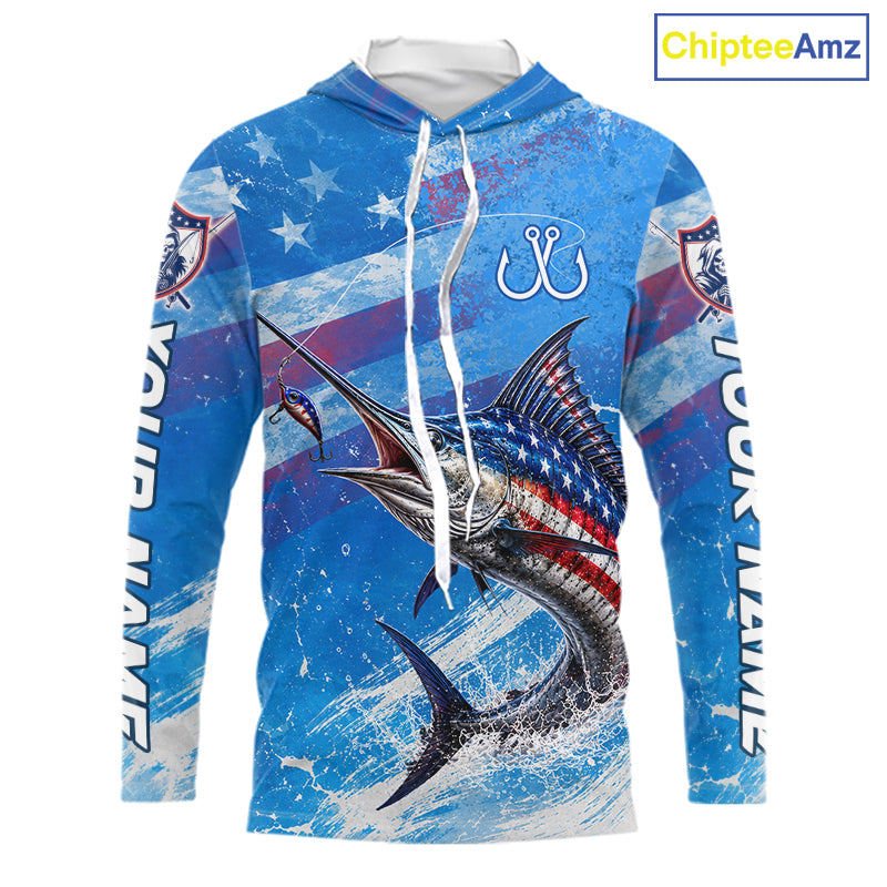 American flag marlin hooded fishing shirt front view