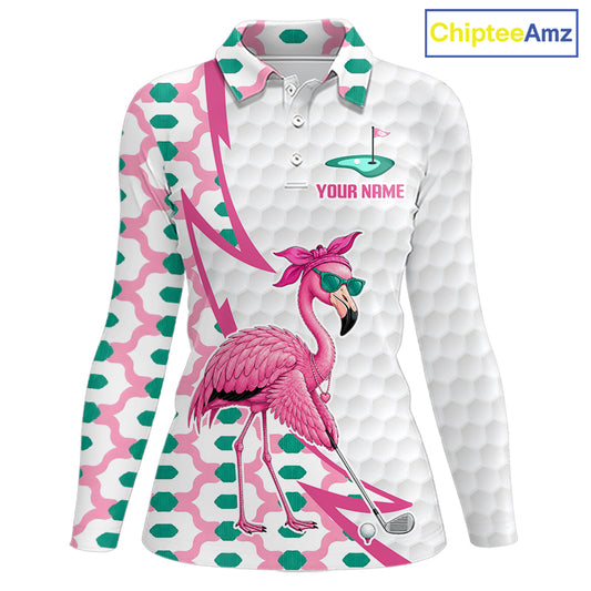 Front view of funny flamingo pink pattern womens long sleeve golf polo shirt with custom name