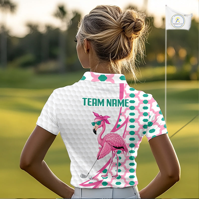 Women wearing a funny flamingo pink golf polo shirt on the golf course