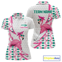 Load image into Gallery viewer, Pink flamingo golf polo shirt for women with personalized name and team name