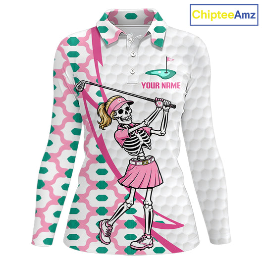 Funny Skeleton Pink Pattern Womens Golf Polo Shirt Golf Outfit Custom Name, Funny Golf Shirts NBT782