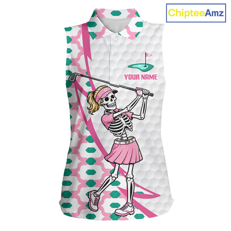 Front view of funny skeleton pink sleeveless golf polo shirt for women with custom name