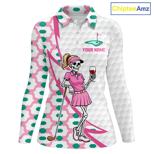 Funny Skeleton Pink Pattern Womens Golf Polo Shirt Golf Outfit Custom Name, Funny Golf Shirts NBT783