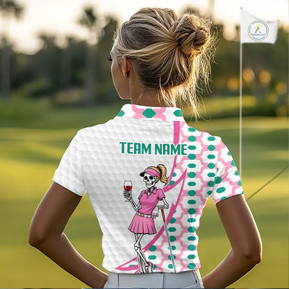 White golf polo shirt for women with skeleton golfer print on front and back