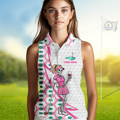 Pink skeleton golf polo shirt for women, personalized name 
