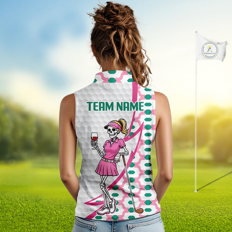 White golf polo shirt for women with skeleton golfer print on back
