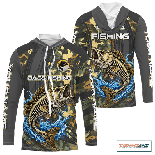 Personalized Largemouth Bass Skeleton Long Sleeve Hooded Fishing Shirts, Bass Fishing Tournament Jerseys NBT349