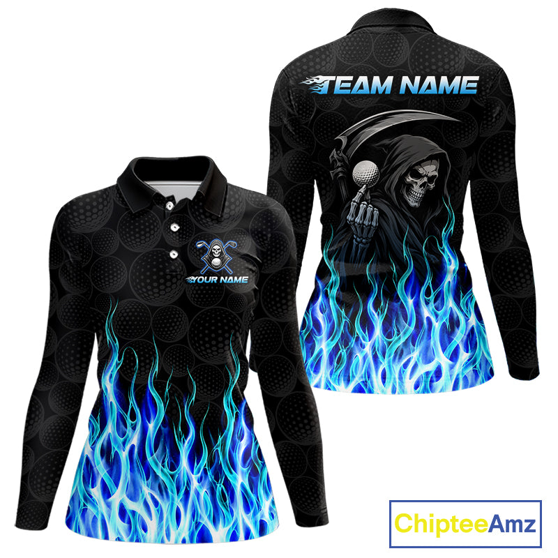 Custom Blue Flame Reaper Golf Ball Pattern Womens Golf Polo Shirts Black Tournament Golf Team Shirts, Golf Outfit NBT874