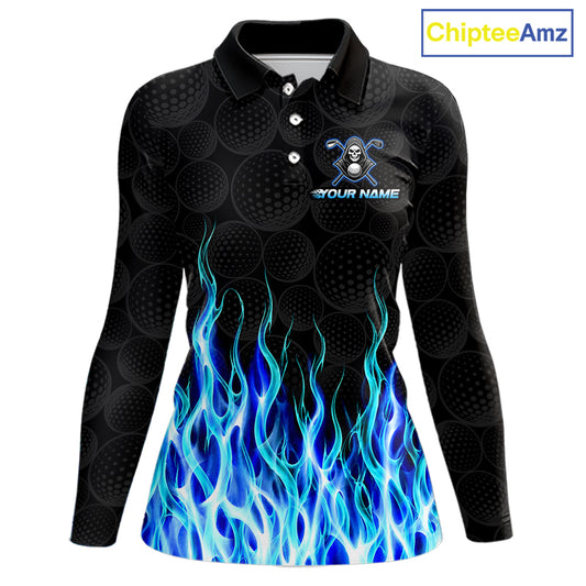 Custom Blue Flame Reaper Golf Ball Pattern Womens Golf Polo Shirts Black Tournament Golf Team Shirts, Golf Outfit NBT874