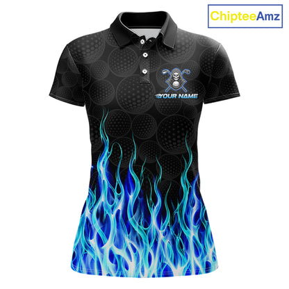 Custom Blue Flame Reaper Golf Ball Pattern Womens Golf Polo Shirts Black Tournament Golf Team Shirts, Golf Outfit NBT874