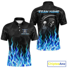 Load image into Gallery viewer, Front and back view of custom Blue Flame Reaper golf polo shirt with personalized name 