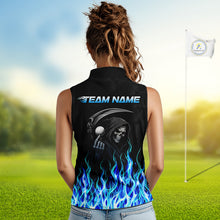 Load image into Gallery viewer, Custom Blue Flame Reaper Golf Ball Pattern Womens Sleeveless Golf Polo Shirts Black Golf Team Shirts, Golf Outfit NBT874