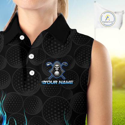 Custom Blue Flame Reaper Golf Ball Pattern Womens Sleeveless Tournament Golf Polo Shirts Black Golf Team Shirts, Golf Outfit NBT874