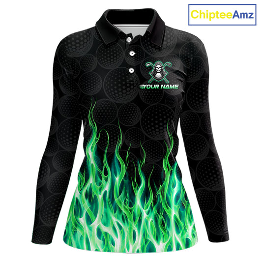 Custom Green Flame Reaper Golf Ball Pattern Womens Golf Polo Shirts Black Tournament Golf Team Shirts, Golf Outfit NBT875