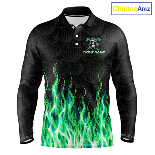 Custom Green Flame Reaper Golf Ball Pattern Mens Golf Polo Shirts Black Tournament Golf Team Shirts, Golf Outfit NBT875