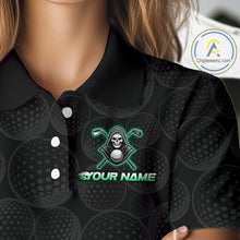 Load image into Gallery viewer, Custom Green Flame Reaper Golf Ball Pattern Womens Golf Polo Shirts Black Golf Team Shirts, Golf Outfit NBT875