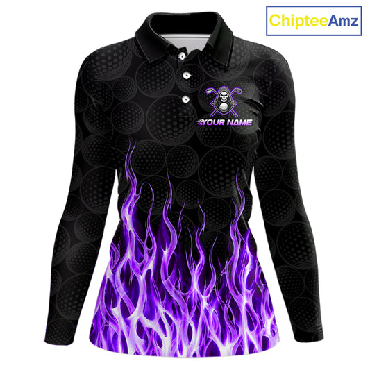 Custom Purple Flame Reaper Golf Ball Pattern Womens Golf Polo Shirts Black Tournament Golf Team Shirts, Golf Outfit NBT876