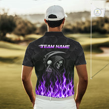 Load image into Gallery viewer, Golfer wearing custom Purple Flame Reaper golf polo shirt on the course