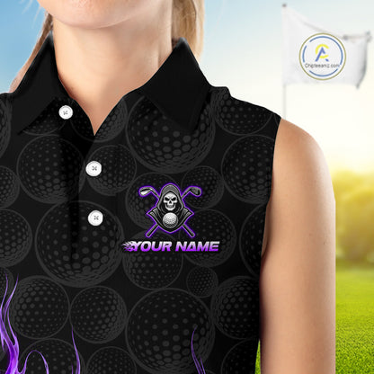 Custom Purple Flame Reaper Golf Ball Pattern Womens Sleeveless Tournament Golf Polo Shirts Black Golf Team Shirts, Golf Outfit NBT876