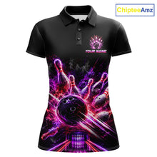 Load image into Gallery viewer, Front view of Custom Funny Cat Bowling Shirt For Men Neon Pink Bowling Jersey Polo Shirt