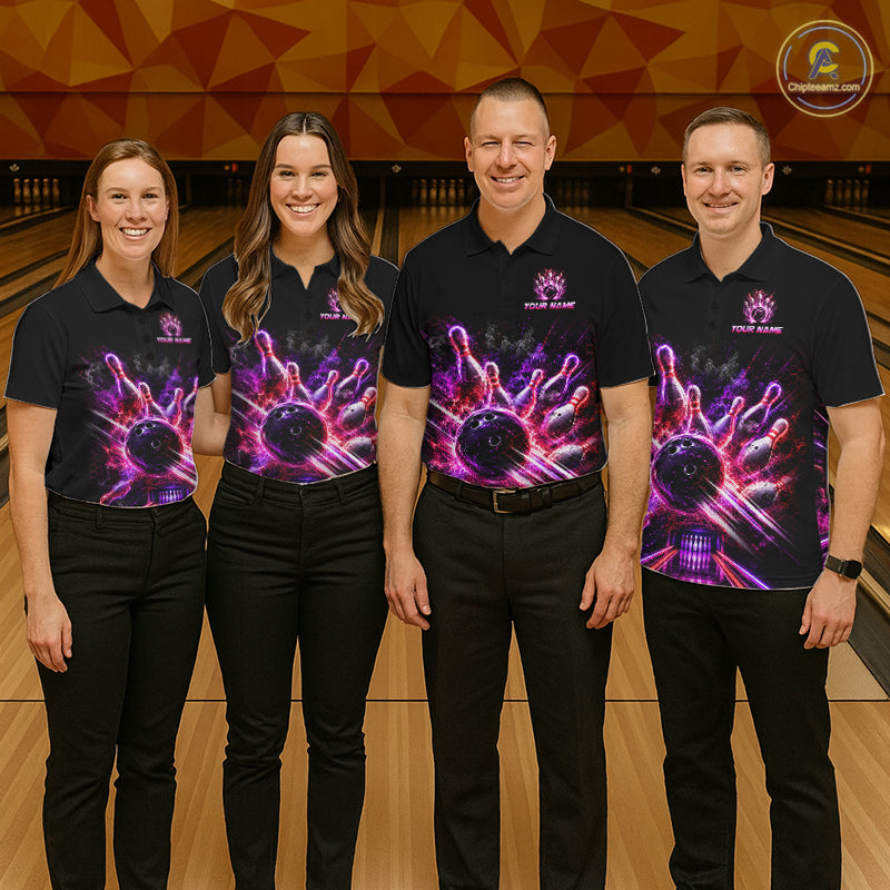 Bowling team wearing matching Custom Funny Cat Bowling Shirt for Men Neon Pink Bowling Jersey Polo with personalized name
