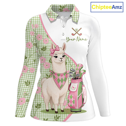 Front views of a womens funny alpaca plaid pattern long sleeve golf polo shirt, name text on the chest.