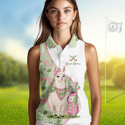 Funny Alpaca Llama Plaid Pattern Womens Sleeveless Golf Polo Shirts, Personalized Golf Gifts NBT791