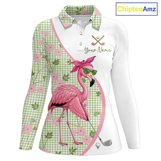 Front views of a womens funny flamingo plaid pattern long sleeve golf polo shirt, name text on the chest.