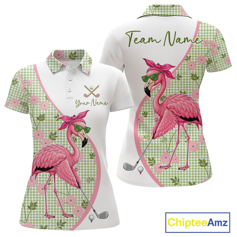Front and back views of a womens funny flamingo plaid pattern golf polo shirt, name text on the chest and team name on the back.