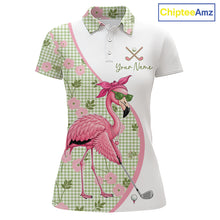 Load image into Gallery viewer, Front views of a womens funny flamingo plaid pattern golf polo shirt, name text on the chest.