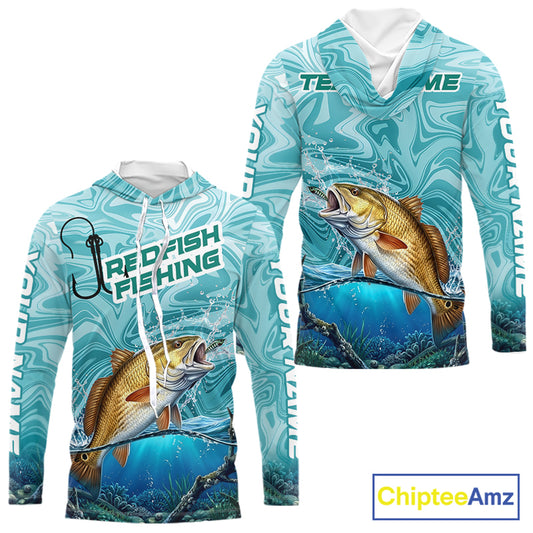 Custom Redfish Long Sleeve Hooded Performance Fishing Shirts, Water Camo Saltwater Fishing Jerseys NBT691