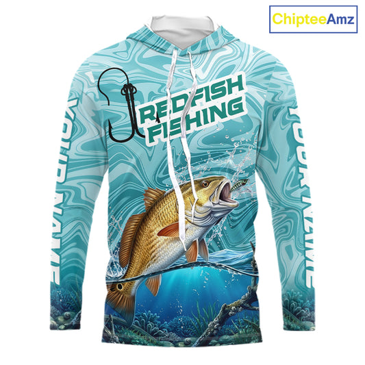 Custom Redfish Long Sleeve Hooded Performance Fishing Shirts, Water Camo Saltwater Fishing Jerseys NBT691