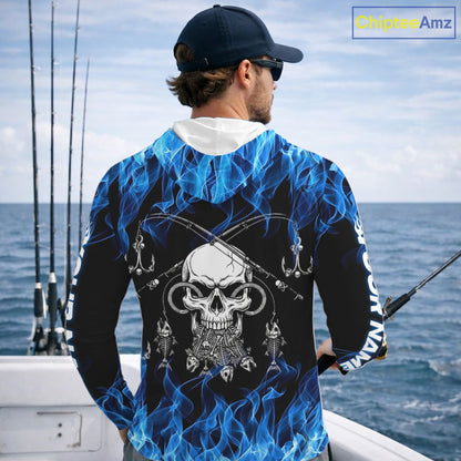 Fish Reaper Fishing Skull Fire Flame Long Sleeve Hooded Tournament Fishing Shirts, Skull Fishing Jerseys NBT692